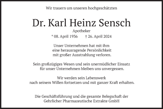 Traueranzeige von Karl Heinz Sensch von merkurtz