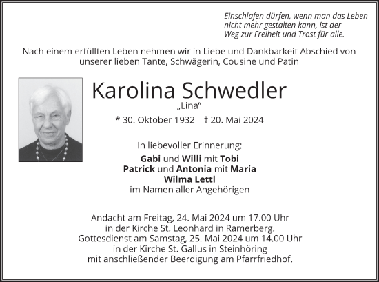 Traueranzeige von Karolina Schwedler von merkurtz