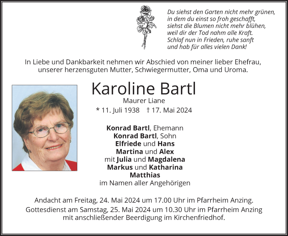  Traueranzeige für Karoline Bartl vom 22.05.2024 aus merkurtz