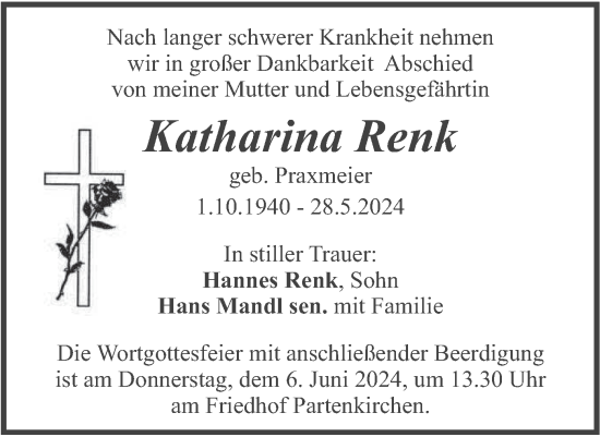 Traueranzeige von Katharina Renk von merkurtz