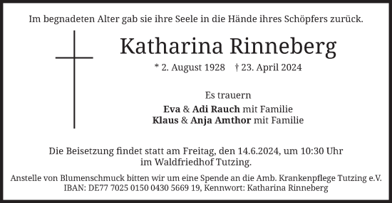 Traueranzeige von Katharina Rinneberg von merkurtz