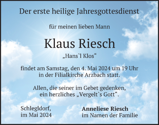 Traueranzeige von Klaus Riesch von merkurtz