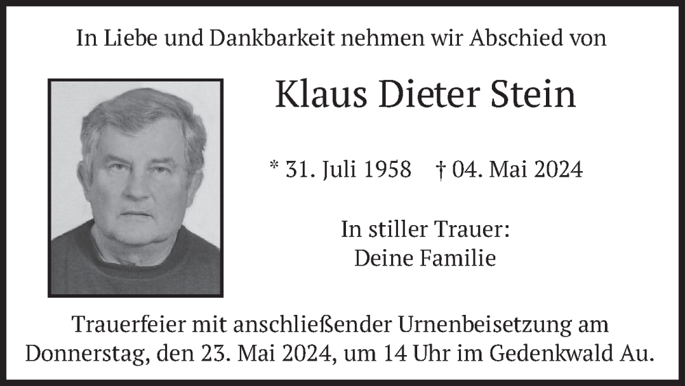  Traueranzeige für Klaus Dieter Stein vom 18.05.2024 aus merkurtz