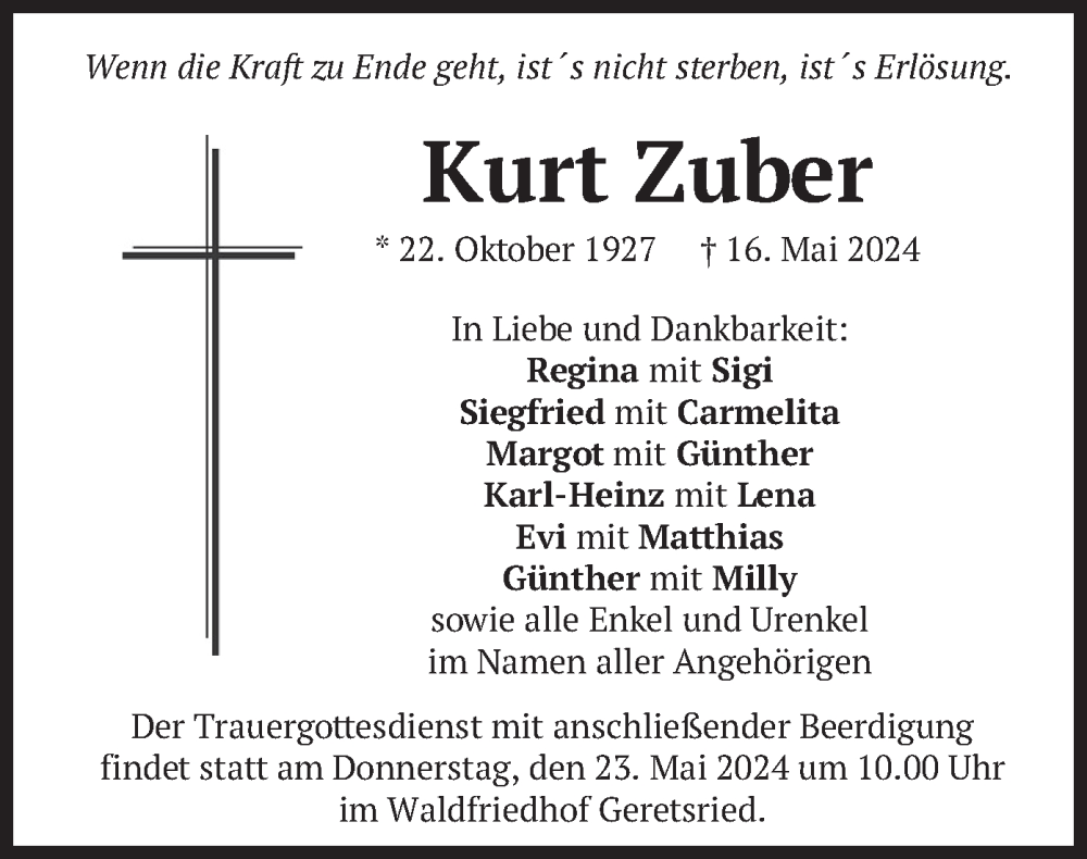  Traueranzeige für Kurt Zuber vom 22.05.2024 aus merkurtz