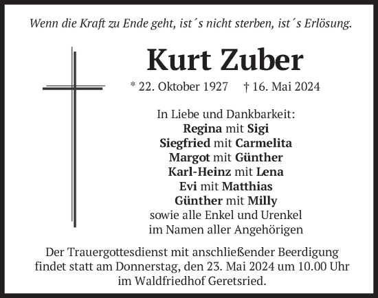 Traueranzeige von Kurt Zuber von merkurtz