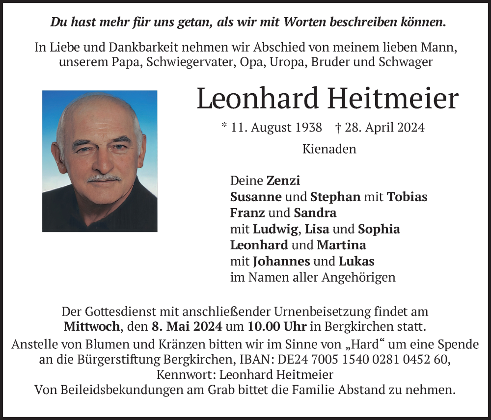  Traueranzeige für Leonhard Heitmeier vom 04.05.2024 aus merkurtz