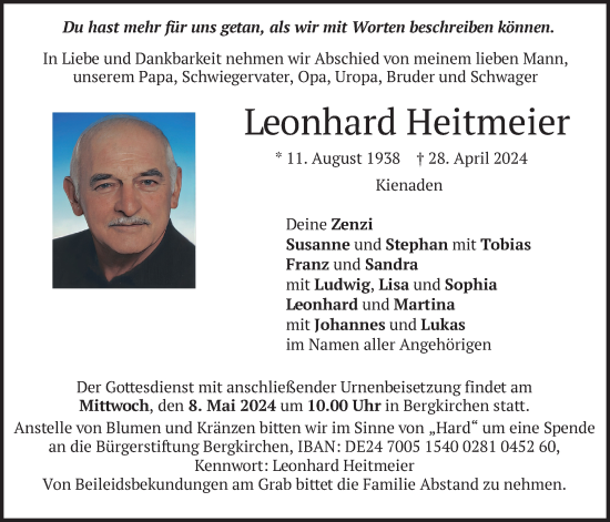 Traueranzeige von Leonhard Heitmeier von merkurtz