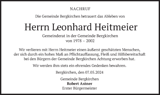 Traueranzeige von Leonhard Heitmeier von merkurtz