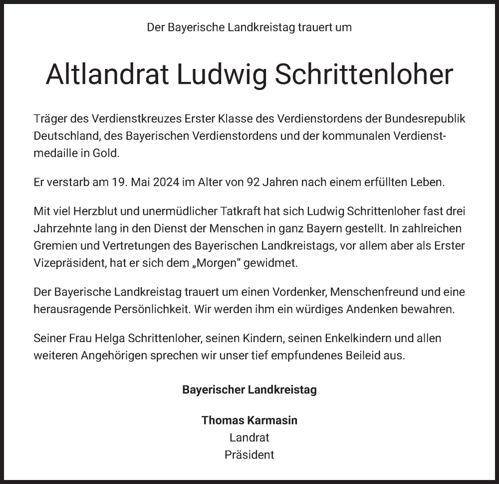  Traueranzeige für Ludwig Schrittenloher vom 25.05.2024 aus merkurtz
