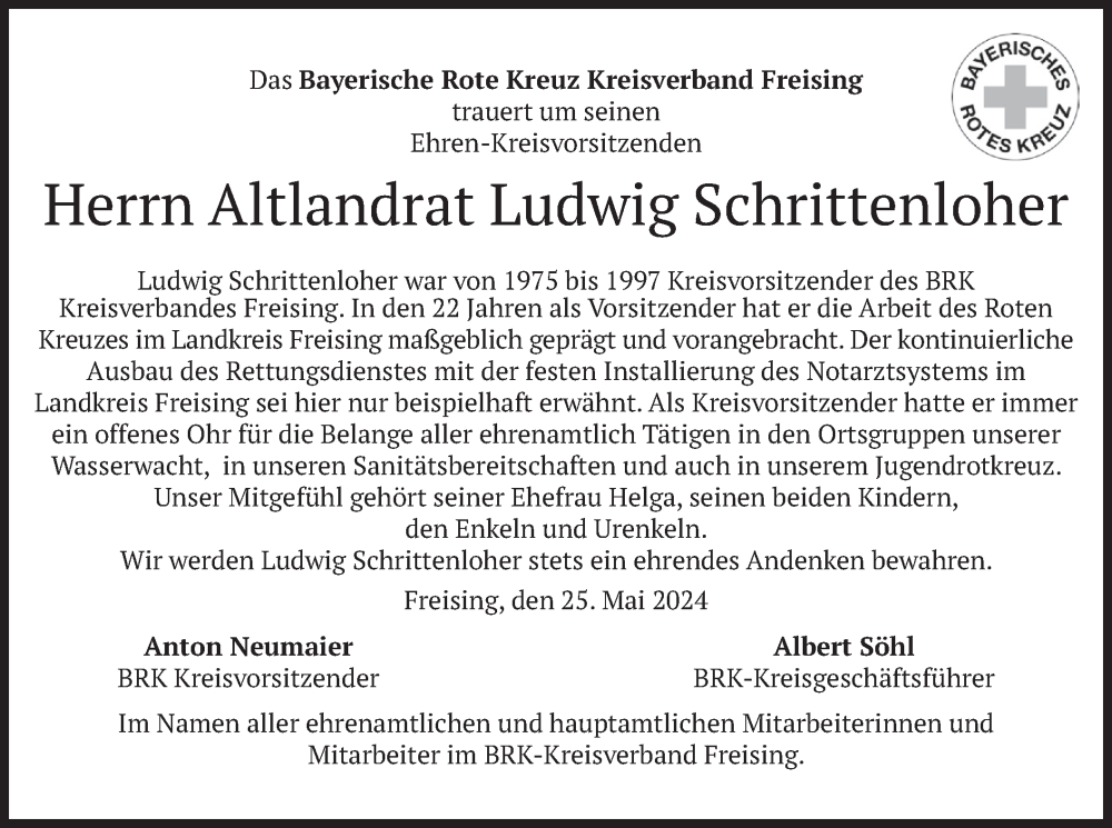  Traueranzeige für Ludwig Schrittenloher vom 25.05.2024 aus merkurtz