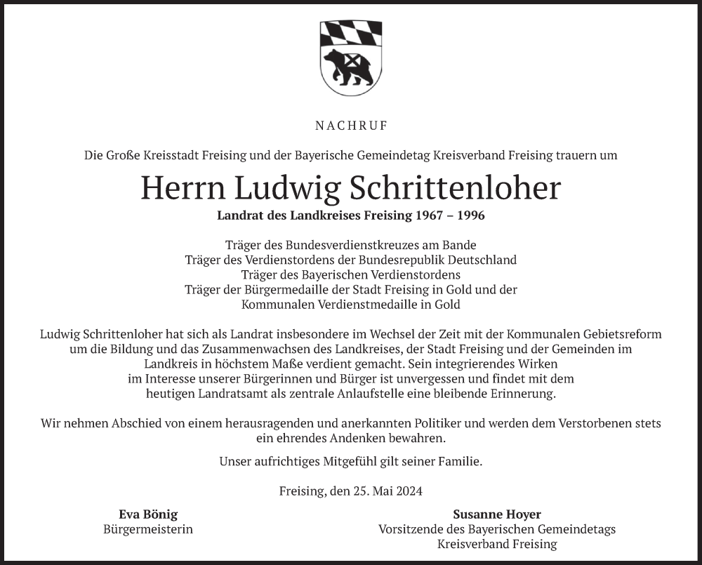  Traueranzeige für Ludwig Schrittenloher vom 25.05.2024 aus merkurtz
