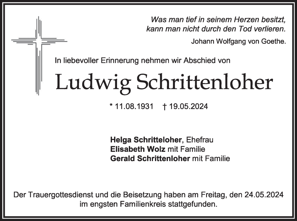  Traueranzeige für Ludwig Schrittenloher vom 25.05.2024 aus merkurtz