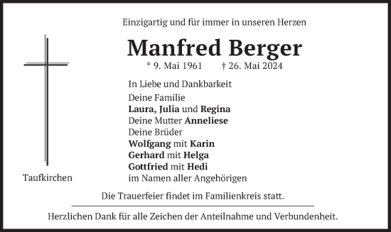 Traueranzeige von Manfred Berger von merkurtz