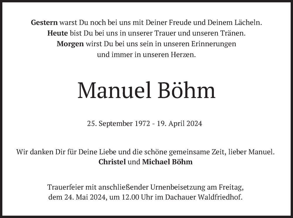  Traueranzeige für Manuel Böhm vom 18.05.2024 aus merkurtz