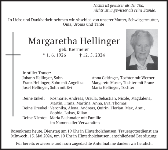 Traueranzeige von Margaretha Hellinger von merkurtz