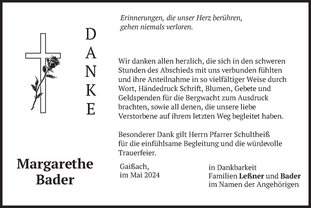  Traueranzeige für Margarethe Bader vom 11.05.2024 aus merkurtz