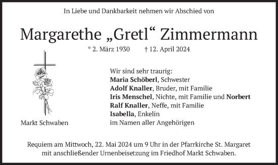 Traueranzeige von Margarethe Zimmermann von merkurtz