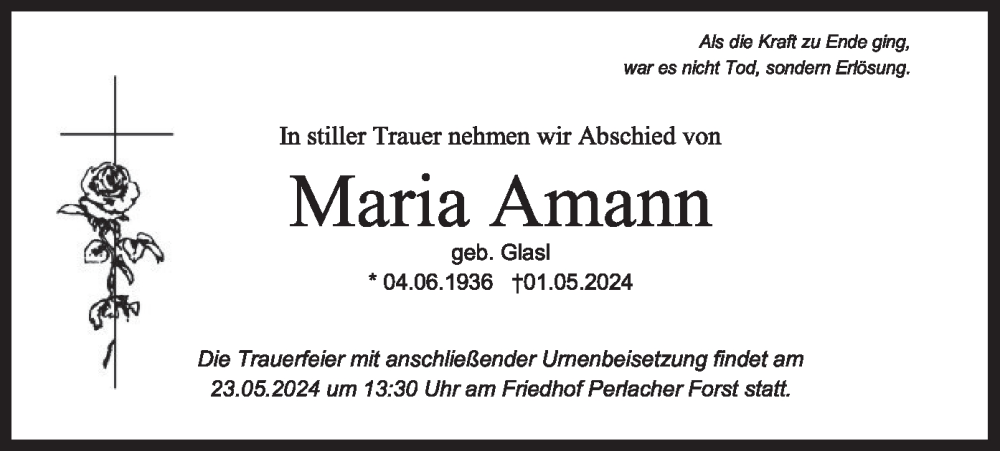  Traueranzeige für Maria Amann vom 18.05.2024 aus merkurtz