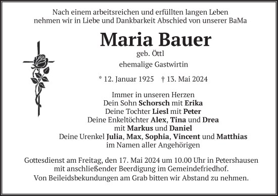 Traueranzeige von Maria Bauer von merkurtz