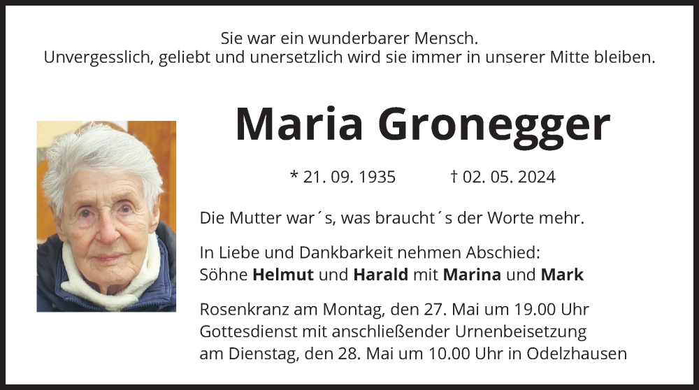  Traueranzeige für Maria Gronegger vom 18.05.2024 aus merkurtz