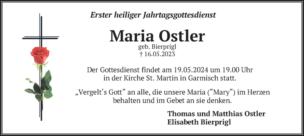  Traueranzeige für Maria Ostler vom 16.05.2024 aus merkurtz