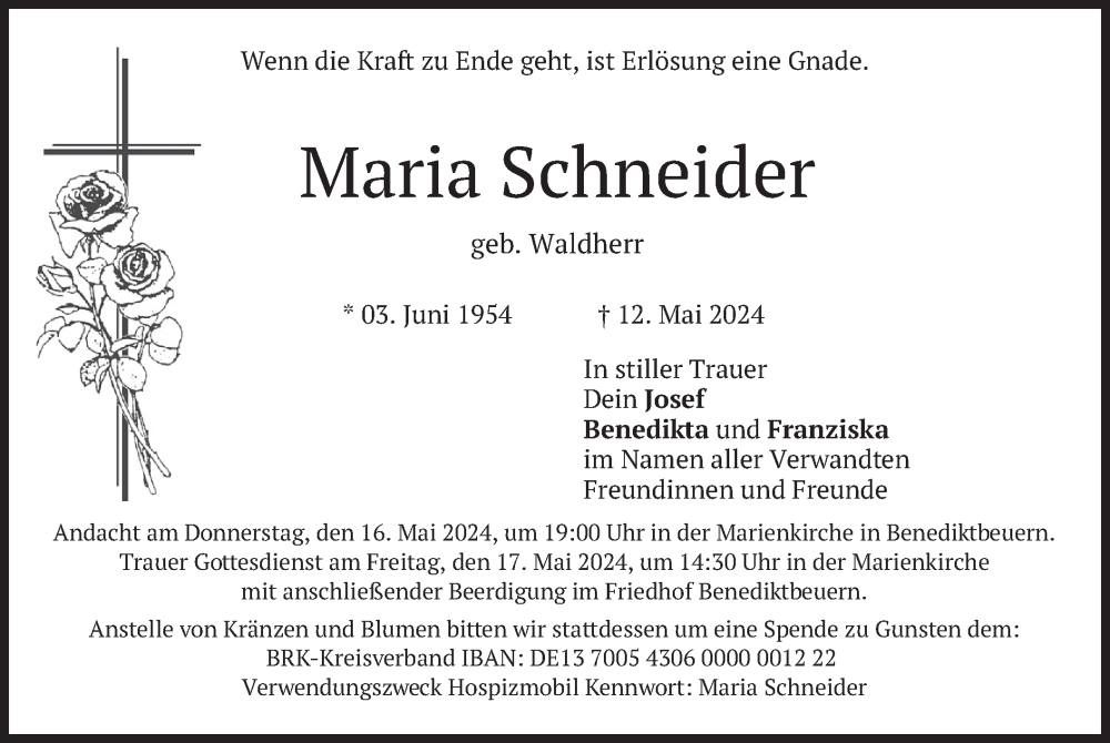  Traueranzeige für Maria Schneider vom 15.05.2024 aus merkurtz