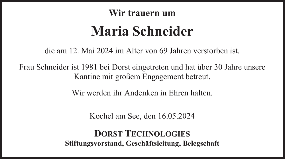  Traueranzeige für Maria Schneider vom 16.05.2024 aus merkurtz