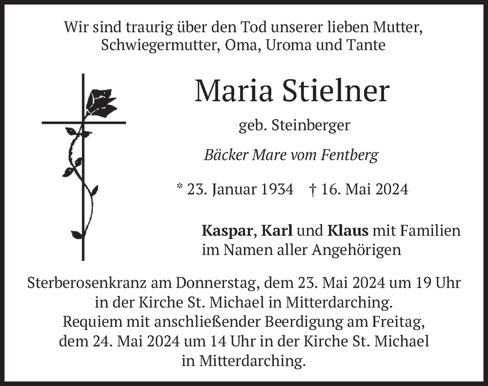  Traueranzeige für Maria Stielner vom 18.05.2024 aus merkurtz