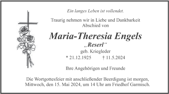 Traueranzeige von Maria-Theresia Engels von merkurtz