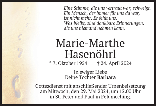 Traueranzeige von Marie-Marthe Hasenöhrl von merkurtz