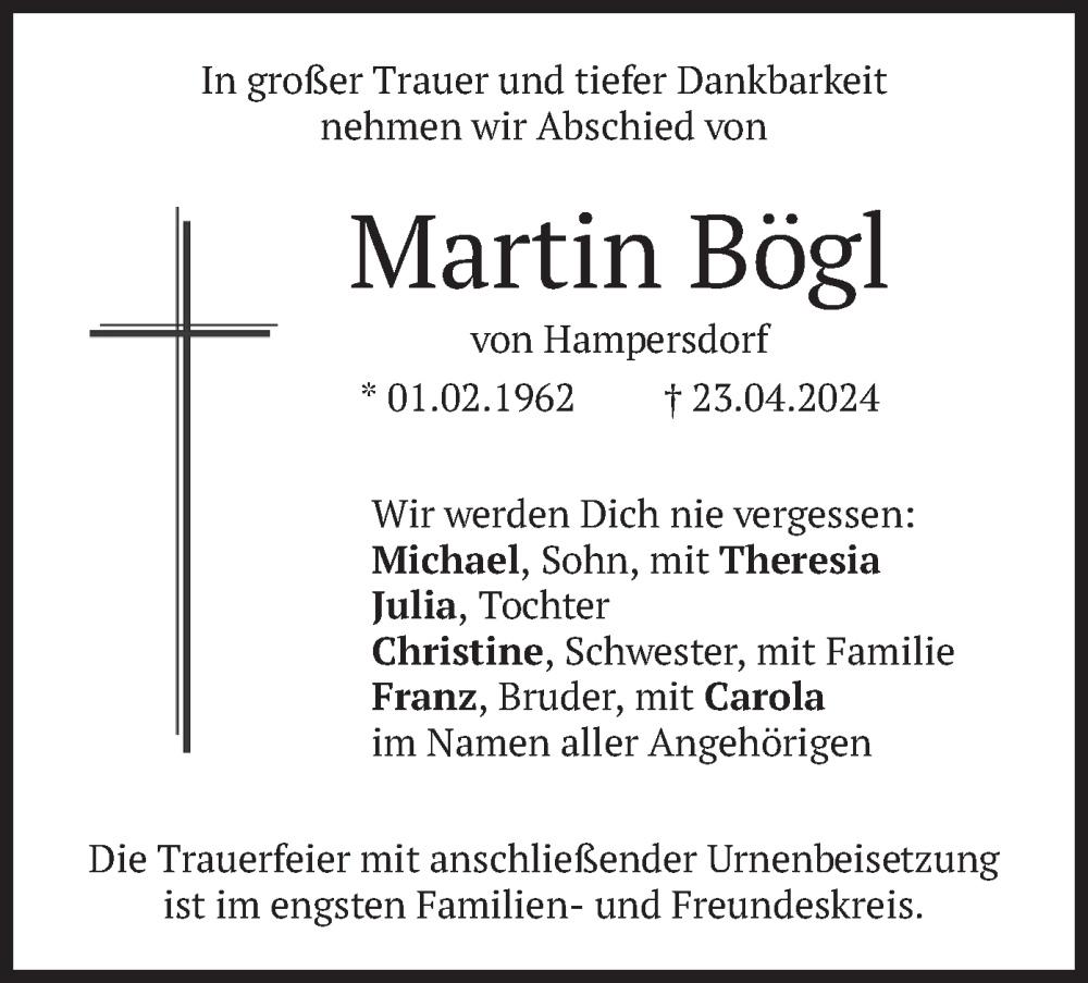  Traueranzeige für Martin Bögl vom 07.05.2024 aus merkurtz