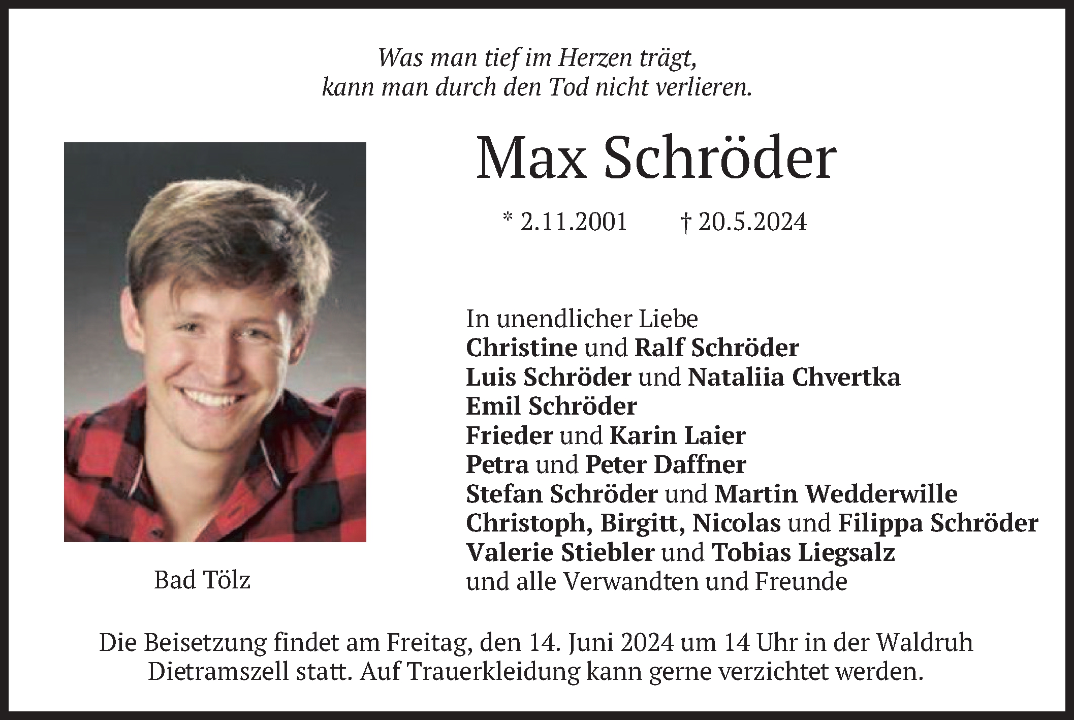  Traueranzeige für Max Schröder vom 01.06.2024 aus merkurtz