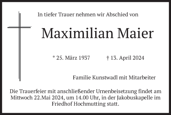 Traueranzeige von Maximilian Maier von merkurtz
