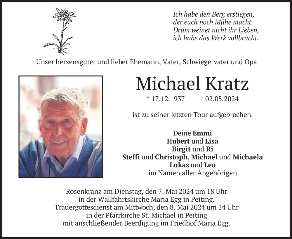  Traueranzeige für Michael Kratz vom 06.05.2024 aus merkurtz