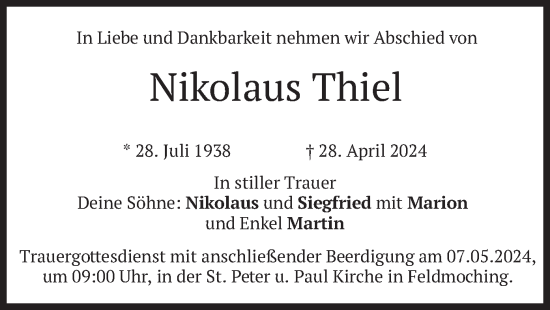Traueranzeige von Nikolaus Thiel von merkurtz