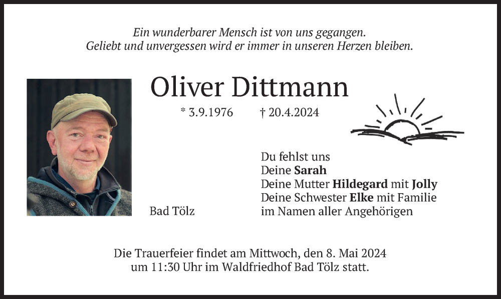  Traueranzeige für Oliver Dittmann vom 04.05.2024 aus merkurtz