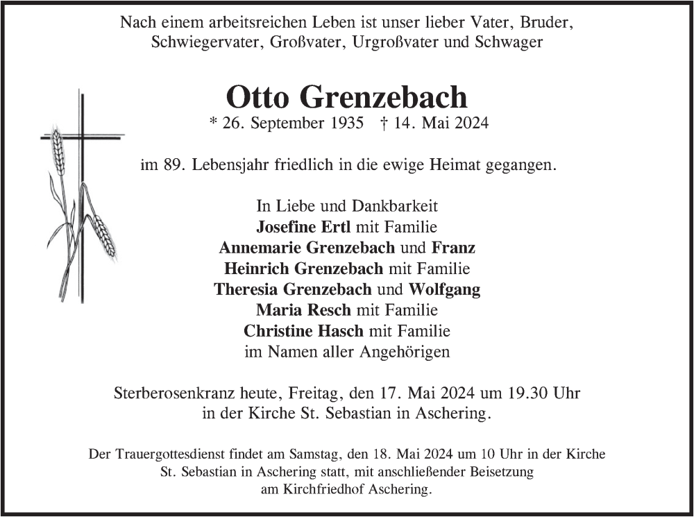  Traueranzeige für Otto Grenzebach vom 17.05.2024 aus merkurtz
