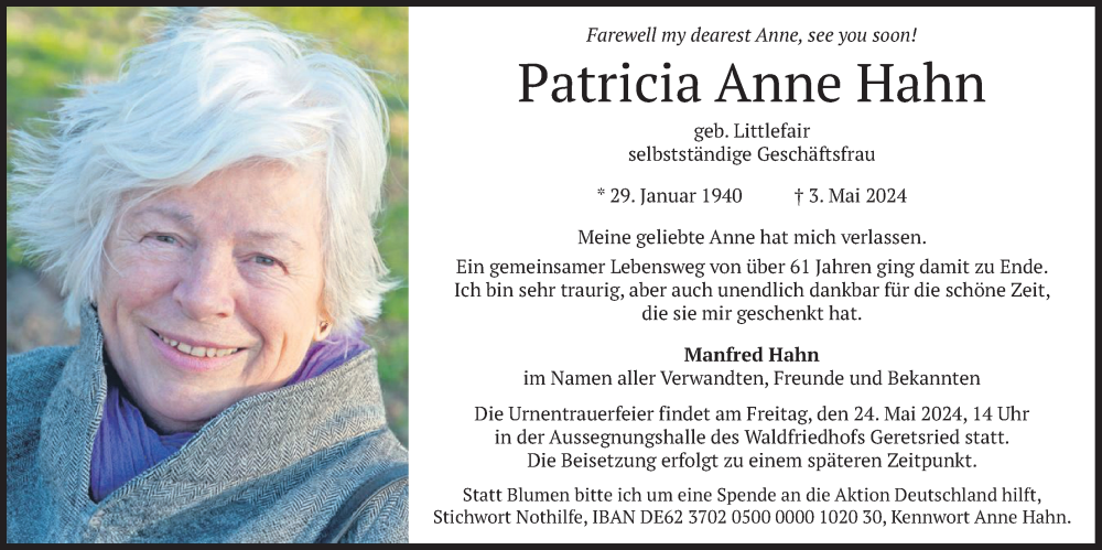 Traueranzeige für Patricia Anne Hahn vom 18.05.2024 aus merkurtz