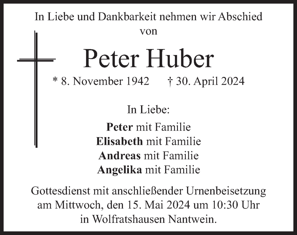  Traueranzeige für Peter Huber vom 11.05.2024 aus merkurtz