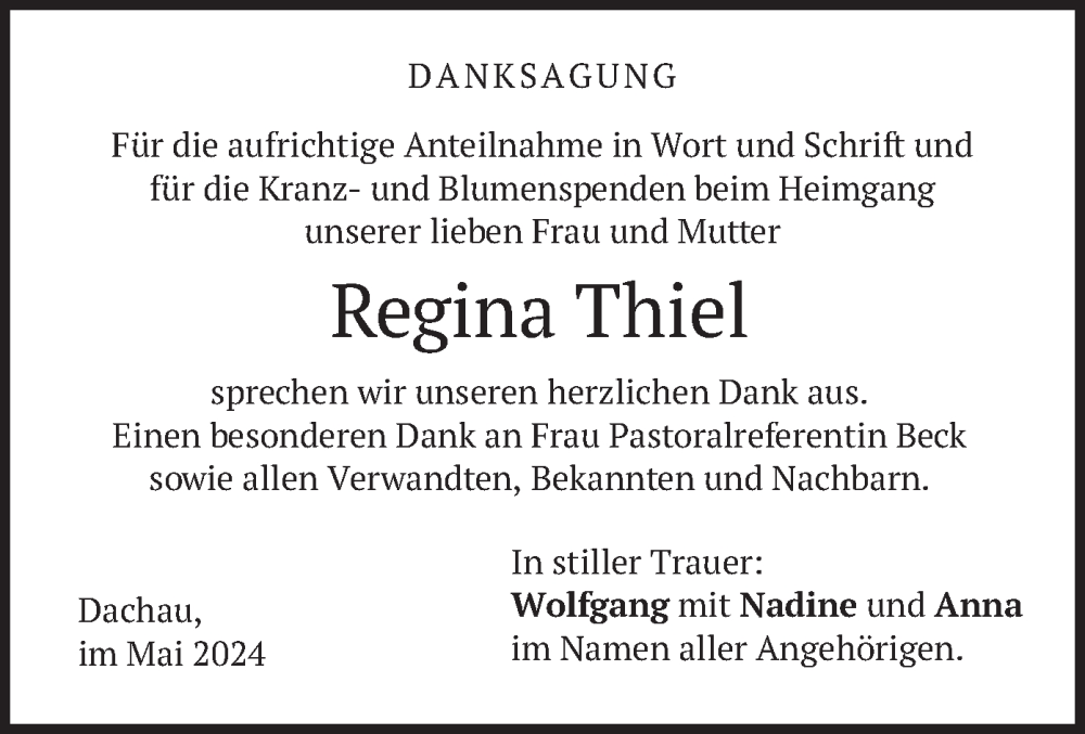  Traueranzeige für Regina Thiel vom 11.05.2024 aus merkurtz
