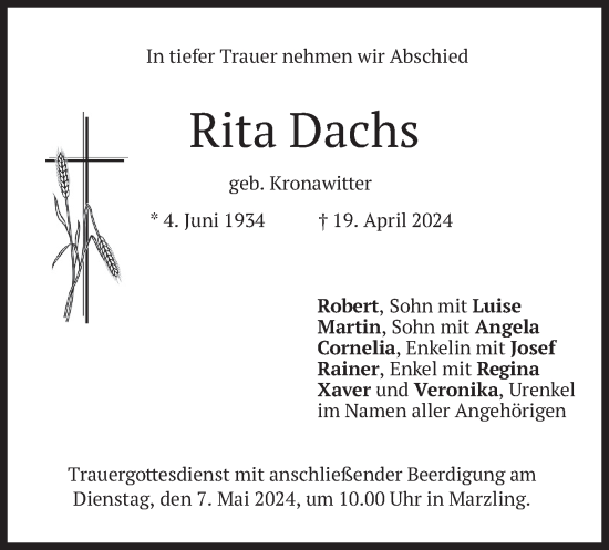 Traueranzeige von Rita Dachs von merkurtz