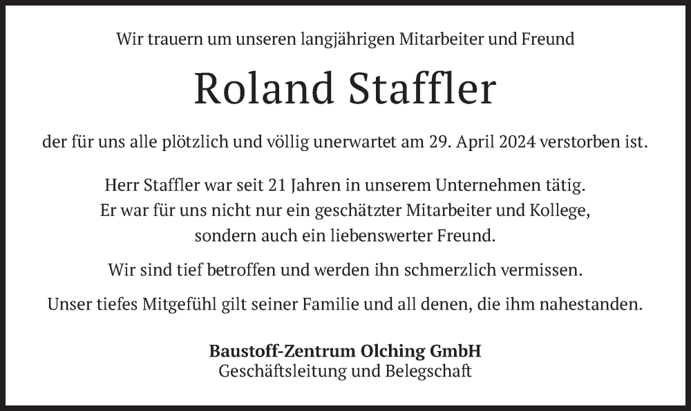  Traueranzeige für Roland Staffler vom 11.05.2024 aus merkurtz