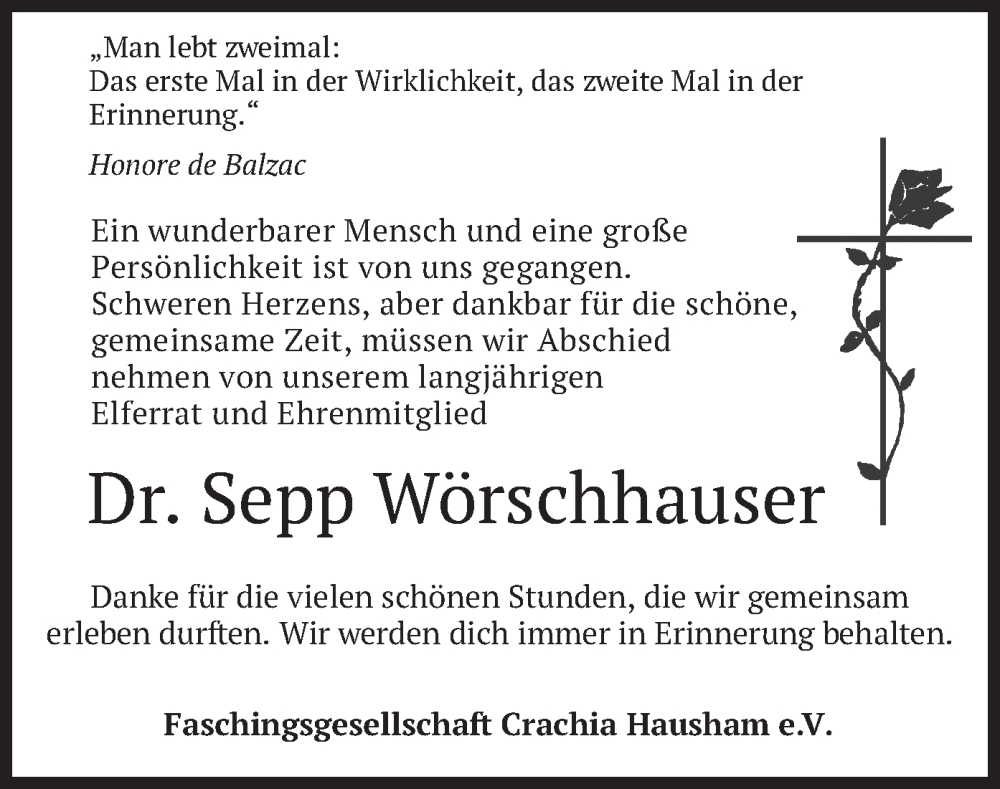  Traueranzeige für Sepp Wörschhauser vom 13.05.2024 aus merkurtz