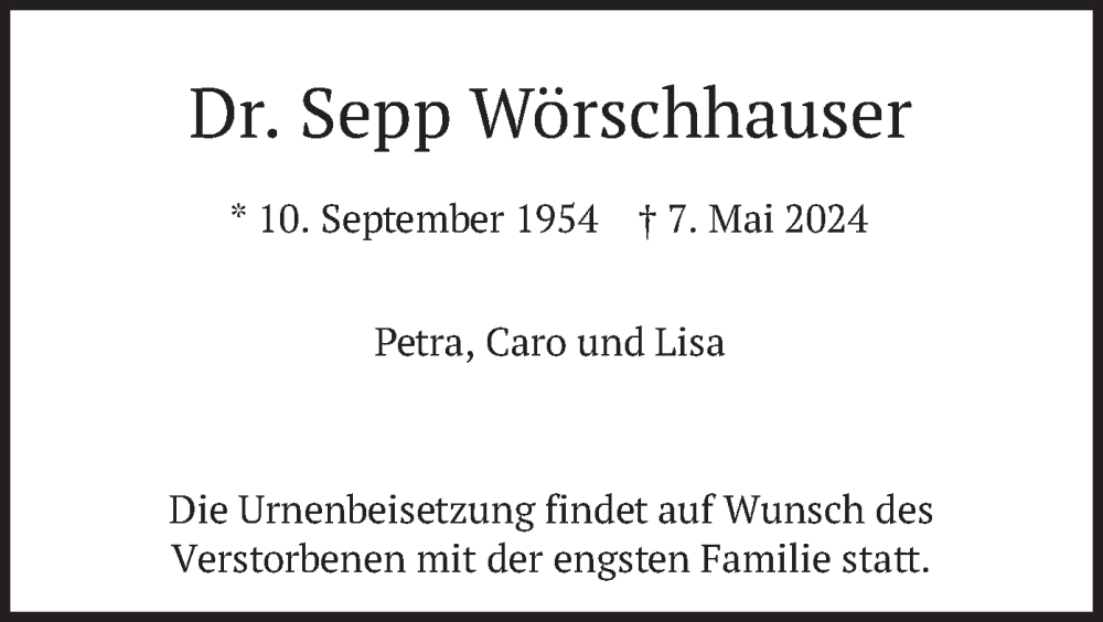  Traueranzeige für Sepp Wörschhauser vom 13.05.2024 aus merkurtz