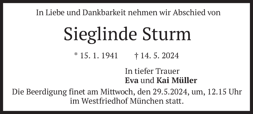  Traueranzeige für Sieglinde Sturm vom 25.05.2024 aus merkurtz