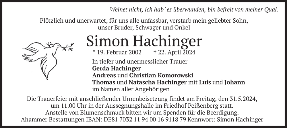  Traueranzeige für Simon Hachinger vom 25.05.2024 aus merkurtz