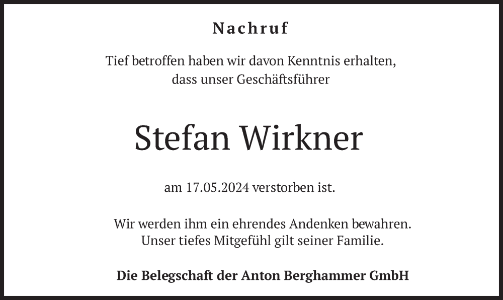 Traueranzeige für Stefan Wirkner vom 18.05.2024 aus merkurtz