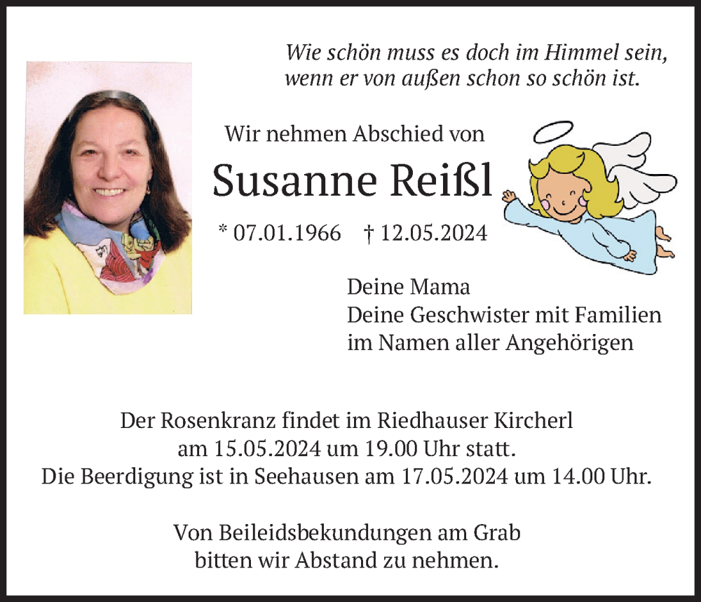 Traueranzeige für Susanne Reißl vom 15.05.2024 aus merkurtz