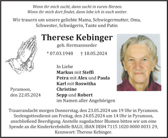 Traueranzeige von Therese Kebinger von merkurtz