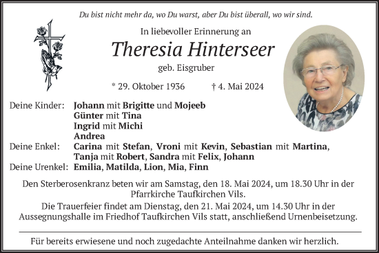 Traueranzeige von Theresia Hinterseer von merkurtz